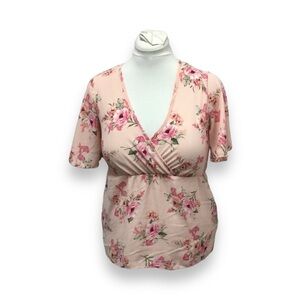 Stunner Women’s Short Sleeve Surplice Blouse, Pink Floral, size S